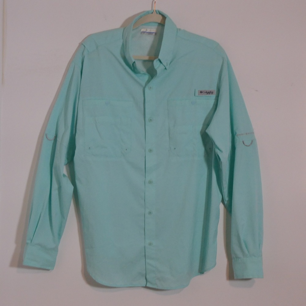 Columbia Mens Tamiami II Fishing Shirt M Aqua Blue PFG Angler Quick Dry FM7253